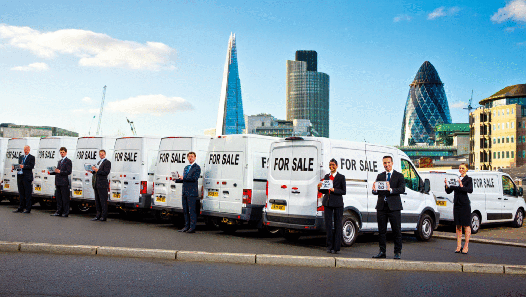 A fleet of modern company vans with "For Sale" signs outside a UK business district, iconic skyline in the background.