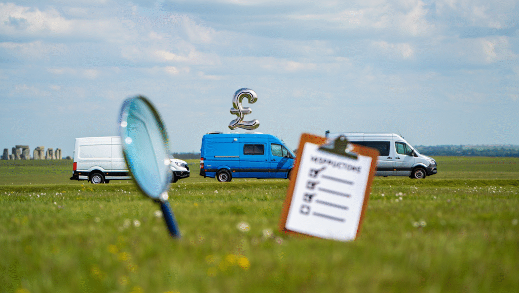 Vans in a UK countryside, with a clipboard, magnifying glass, and pound symbol, symbolising reliable van valuation.