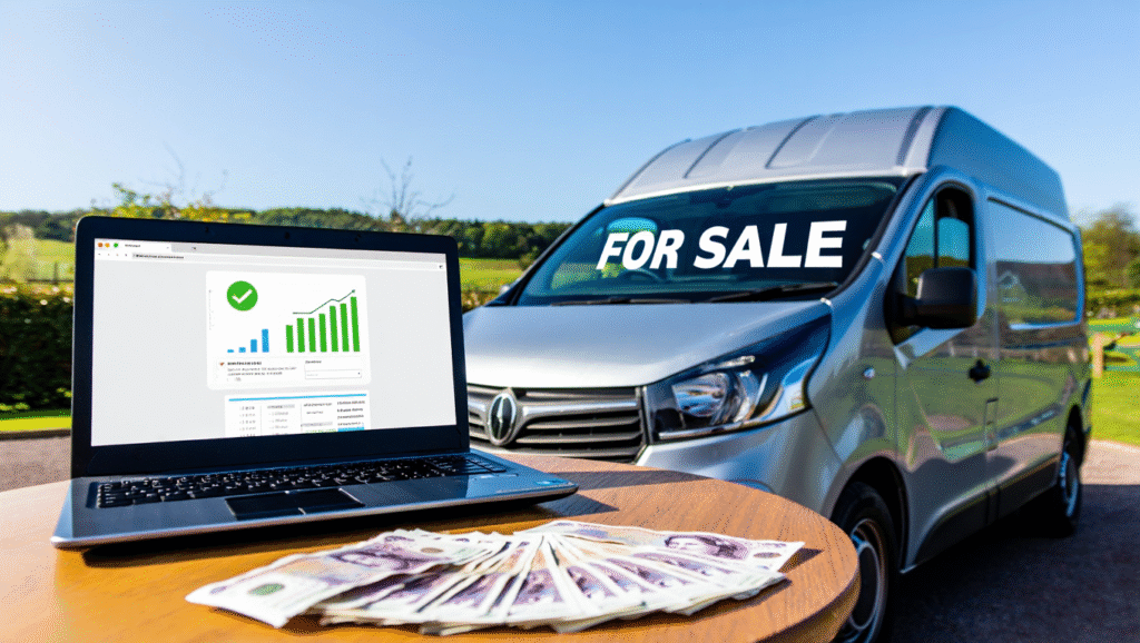 A modern van with a 'For Sale' sign is parked in a UK countryside; a laptop in the foreground shows a successful sale.