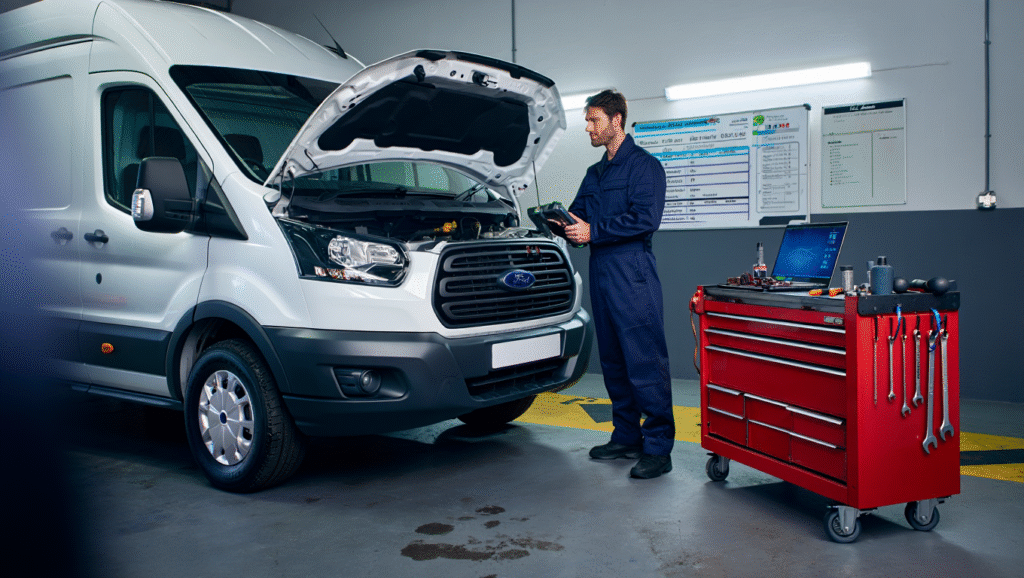 A Ford Transit van is being repaired in a UK mechanic's garage, surrounded by tools, diagnostic equipment, a calendar, and checklists.