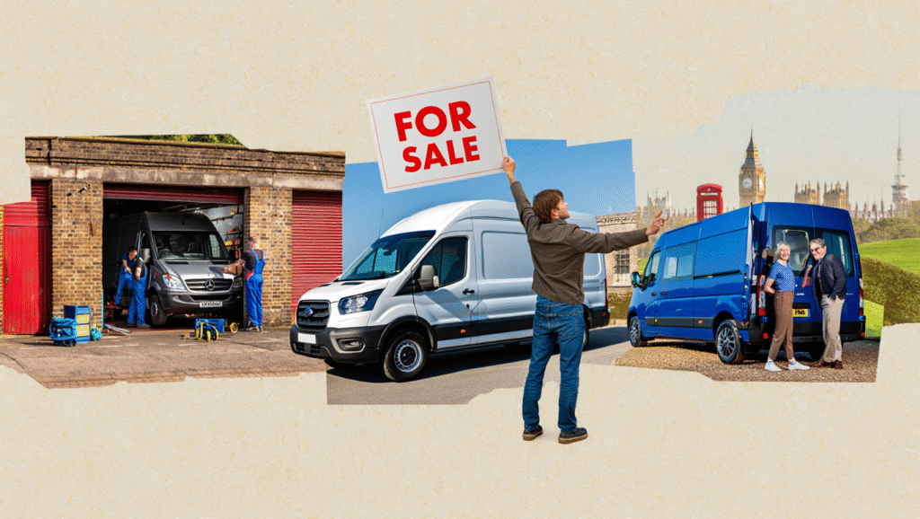 Collage of a vintage British garage, mechanic repairing a car, car sale scene, and UK countryside with Big Ben in the distance.