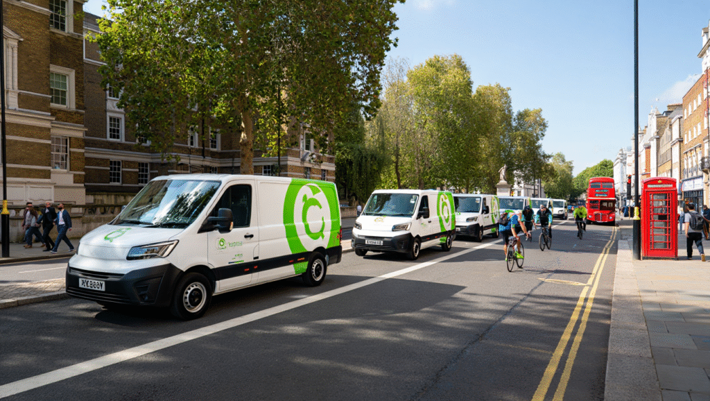 A fleet of electric delivery vans on a busy UK street with a red telephone box, cyclists, and British architecture.