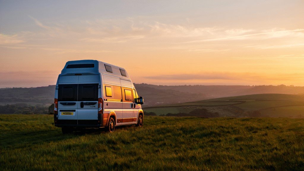 Modern camper van in UK countryside at sunset, showcasing vanlife freedom and eco-friendly living.
