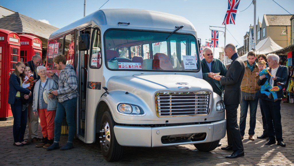 A diverse crowd evaluates a shiny minibus in a UK market, with red phone booths and cobblestones, exchanging money cheerfully