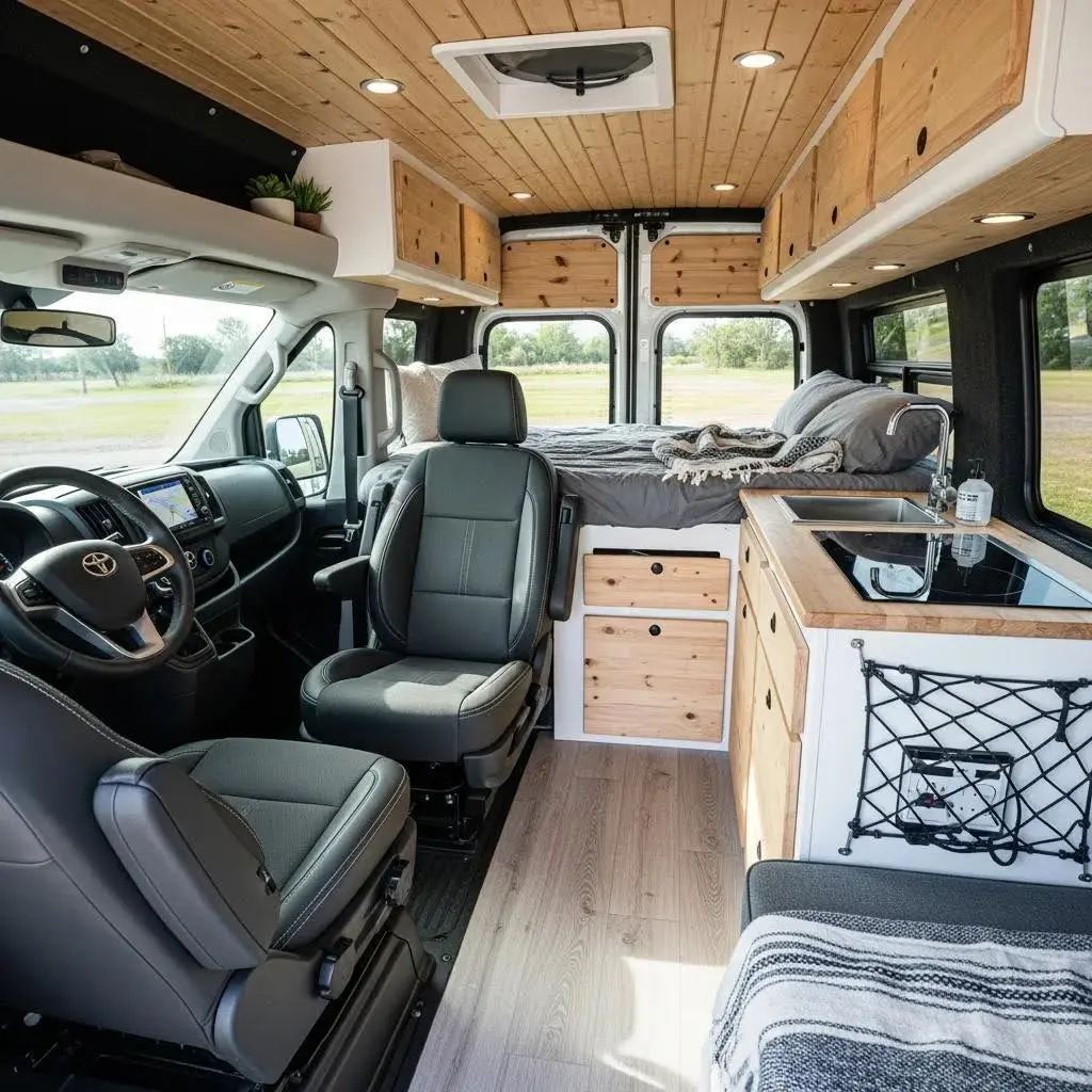 Interior of a modern van featuring a driver’s seat, passenger seat, kitchenette with a sink, wooden cabinets, and a sleeping area, illustrating key interior features buyers evaluate for condition and usability.
