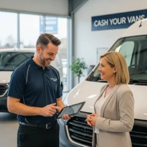 Person discussing van sale with representative at Cash Your Vans, showcasing a friendly transaction environment.