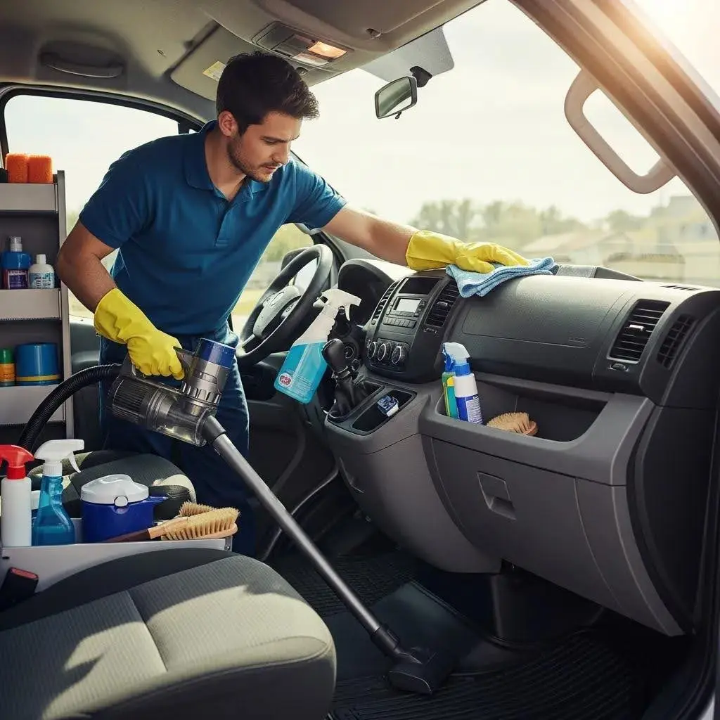 Man cleaning van interior with vacuum and cleaning supplies, emphasizing preparation for sale and presentation.