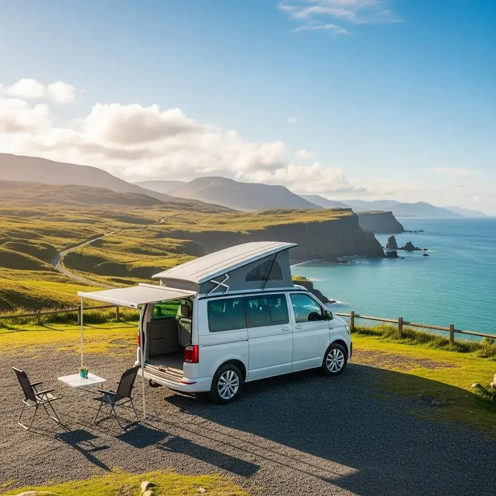 White camper van with elevated roof parked by the coast, featuring an awning, outdoor seating, and scenic landscape of hills and ocean, relevant for preparing a van for sale in the UK.