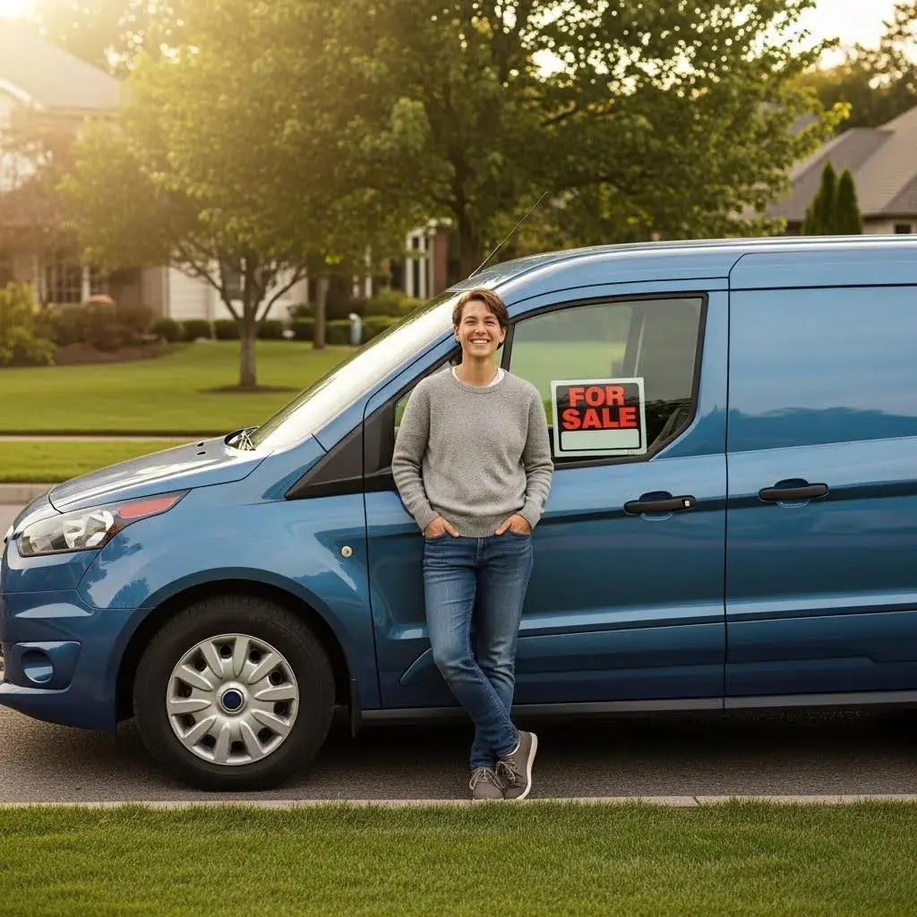 Person standing next to a blue van with a "FOR SALE" sign, representing options for selling a van with outstanding finance in the UK.