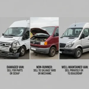 Image showing three vans in different conditions: a damaged van labeled "sell for parts or scrap," a non-running van labeled "sell to salvage yard or mechanic," and a well-maintained van labeled "sell privately or to dealership," illustrating options for selling vans based on their condition.
