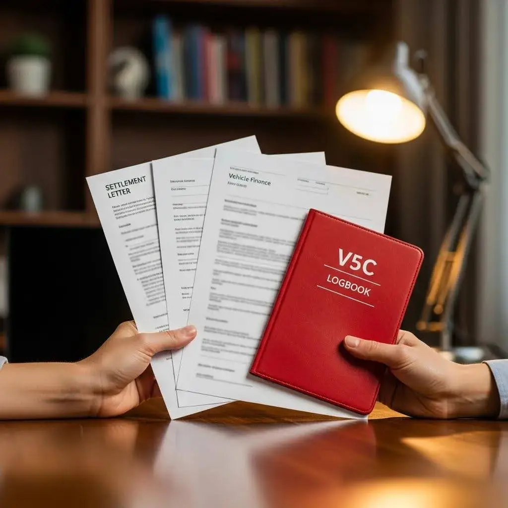 Hands exchanging a red V5C logbook and documents labeled "Settlement Letter" and "Vehicle Finance," symbolizing the process of selling a van with outstanding finance.
