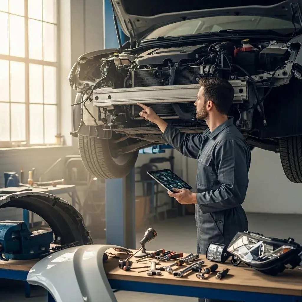 Mechanic inspecting a damaged vehicle while holding a tablet, with tools and vehicle parts on a workbench, illustrating the salvage process for commercial vans and trucks.