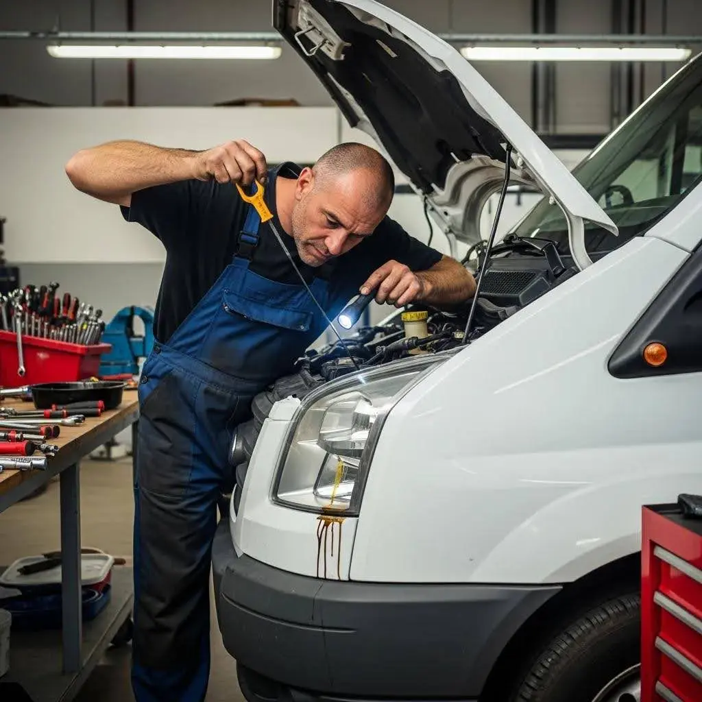 Mechanic inspecting engine of a white van in a workshop, highlighting mechanical checks relevant to used van sales.