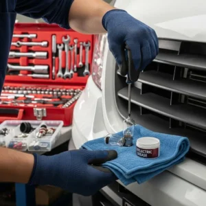 Person performing minor repairs on a van, using tools and electric grease, with a toolbox in the background, illustrating preparation for selling a vehicle.