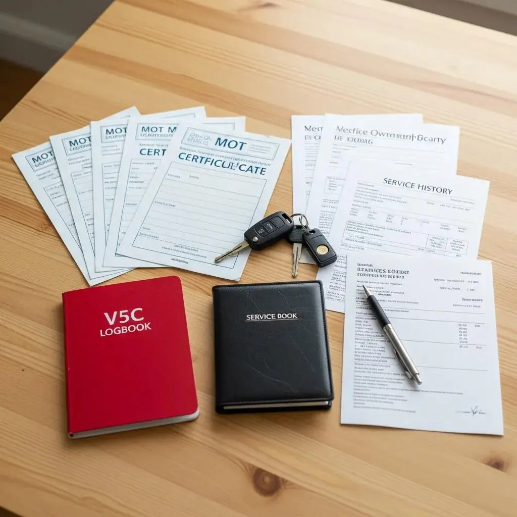 flat-lay-of-essential-vehicle-ownership-documents-for-selling-a-van-including-v5c-logbook-and-mot-certificates