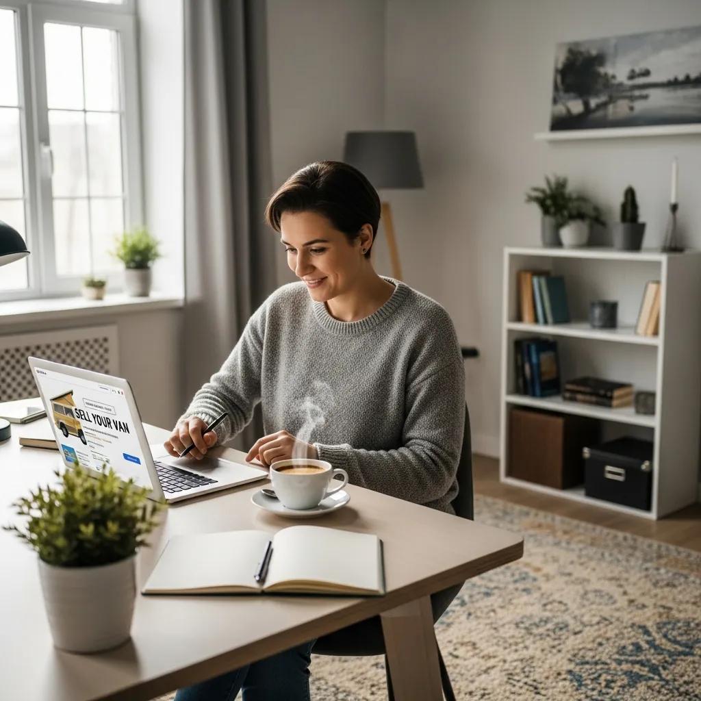 Person in a cozy home office selling a van online, reflecting convenience and ease