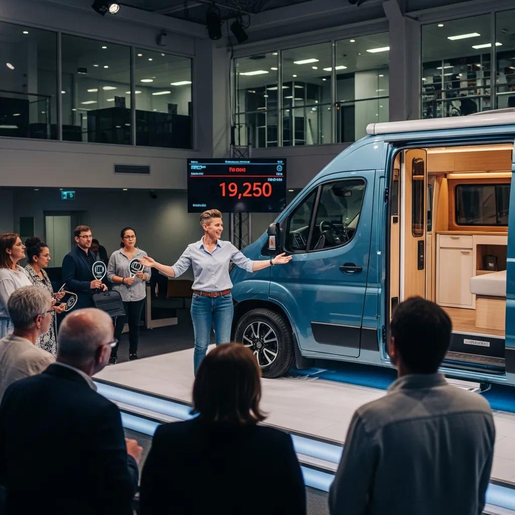 Person selling a van at an auction house, showcasing excitement and opportunity