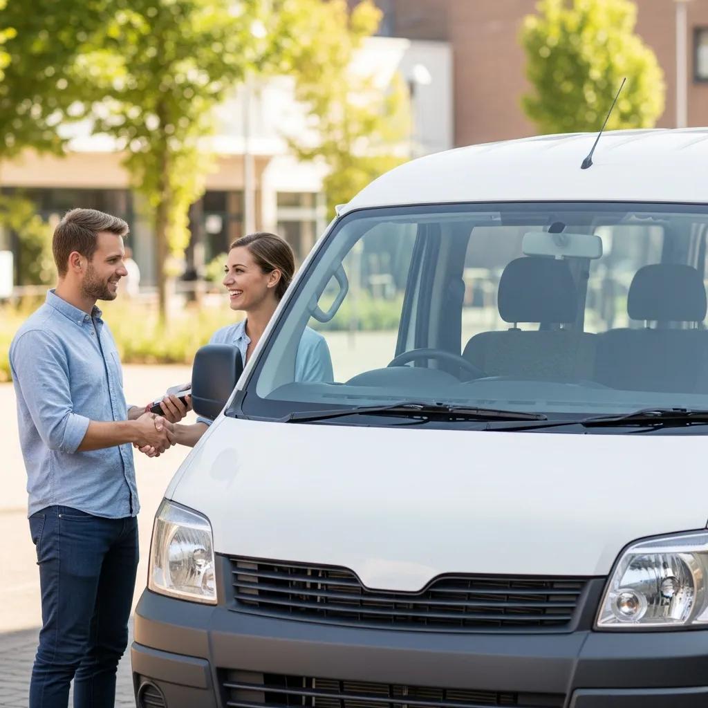 Person selling a van safely in a public area, emphasizing trust and security in vehicle transactions