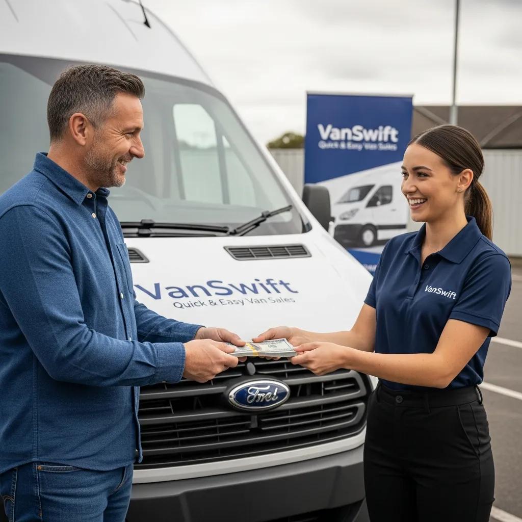 Van owner receiving cash from an instant van sale service representative, highlighting convenience and speed