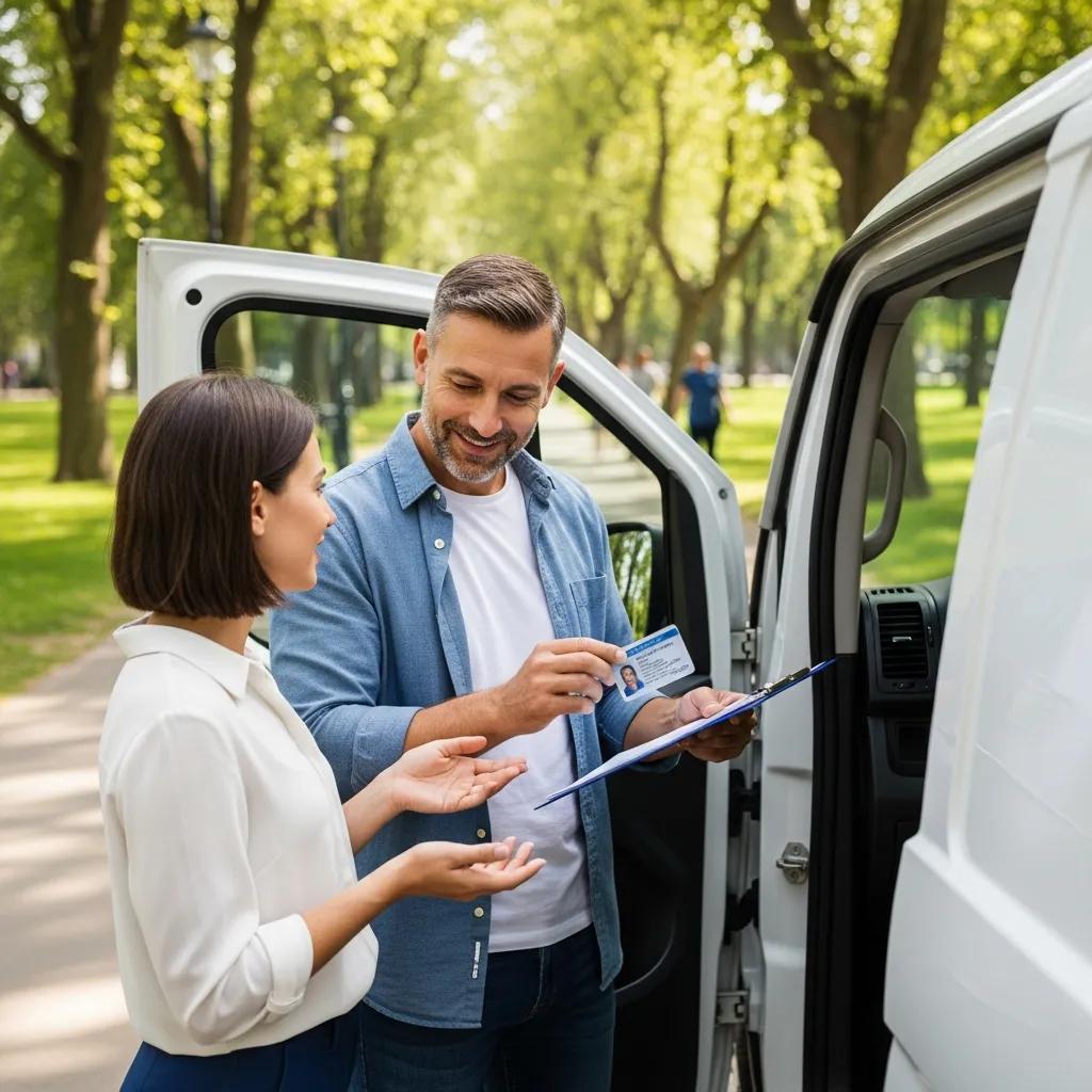 Van seller verifying buyer's identification in a safe public location, emphasizing secure payment methods