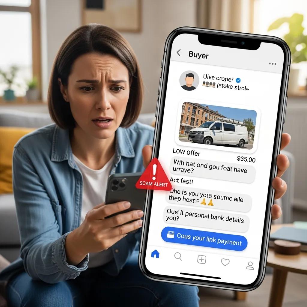 Worried van seller receiving a suspicious message, illustrating common scams in vehicle sales