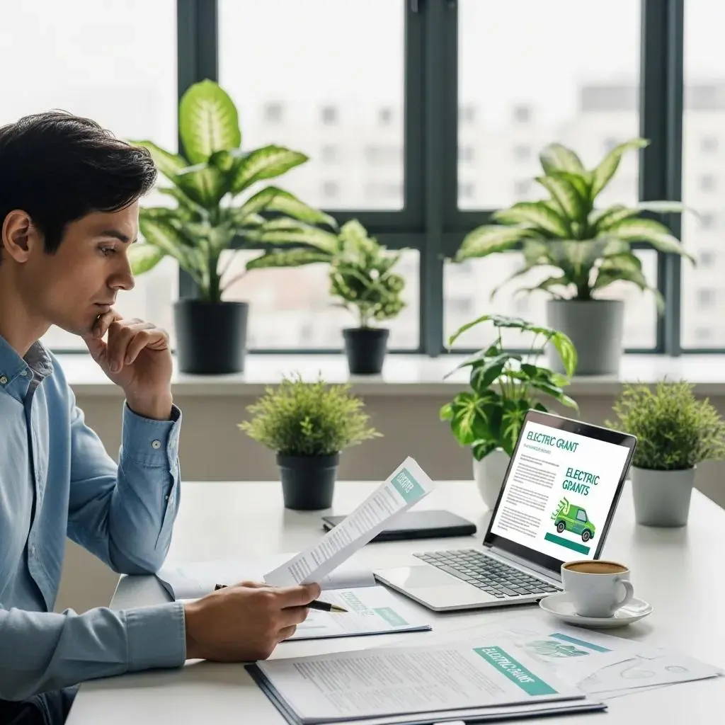 Business owner reviewing electric van grant documents in a modern office