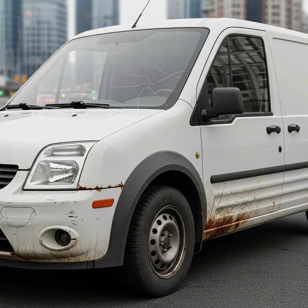 Close-up of a worn commercial van, illustrating the effects of vehicle depreciation on resale value