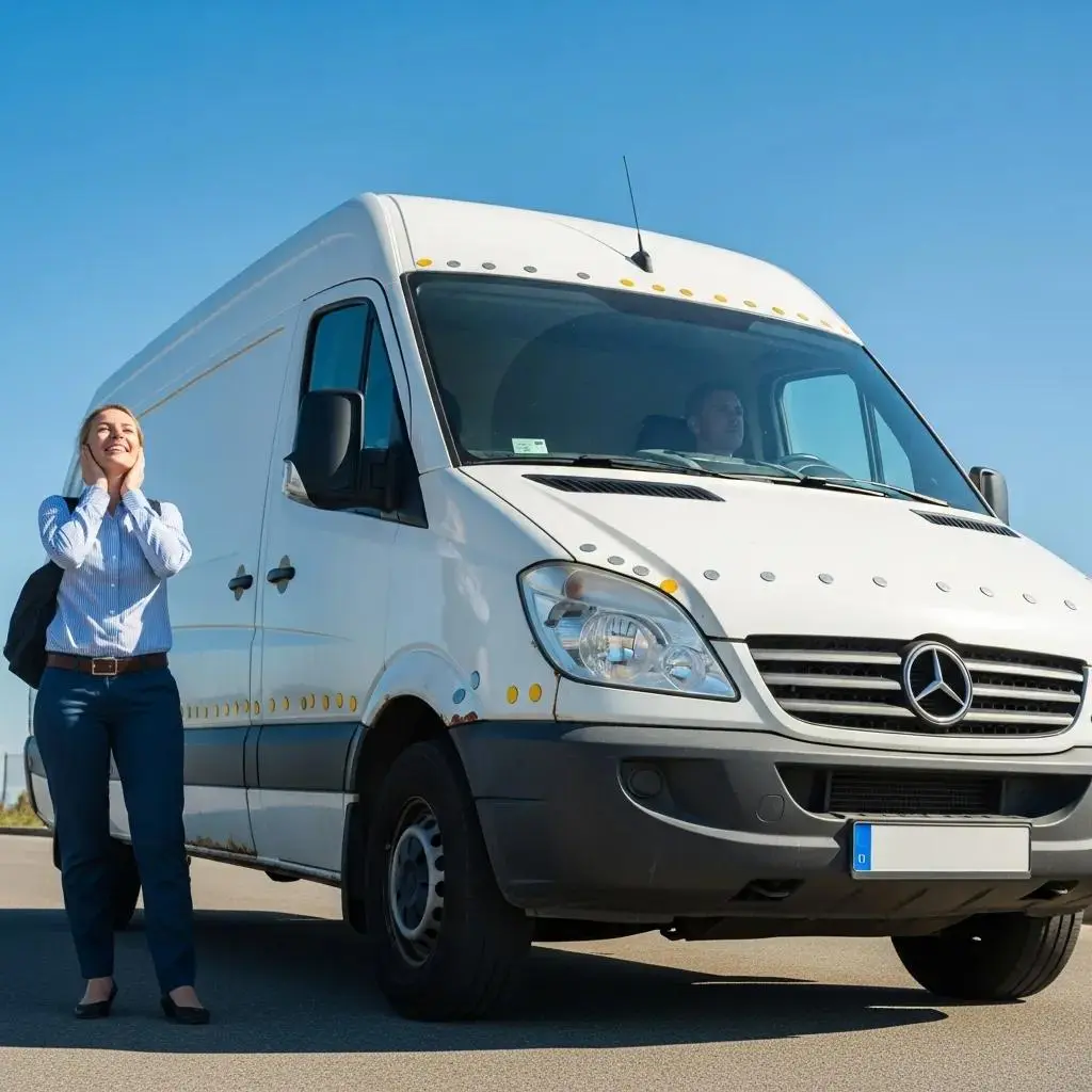 Commercial van on the road with a happy business owner, representing the benefits of selling old vehicles for cash