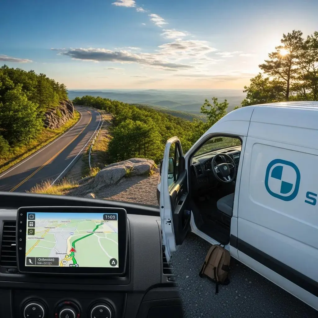 Commercial van with GPS device highlighting fuel-saving route optimization