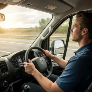Driver practicing eco-driving techniques in a commercial van