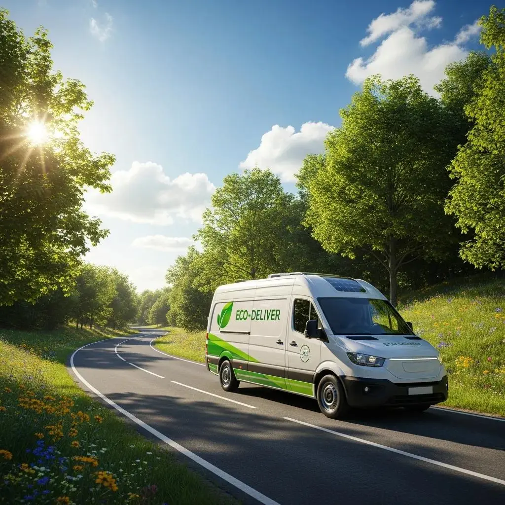 Eco-friendly commercial van driving through a green landscape