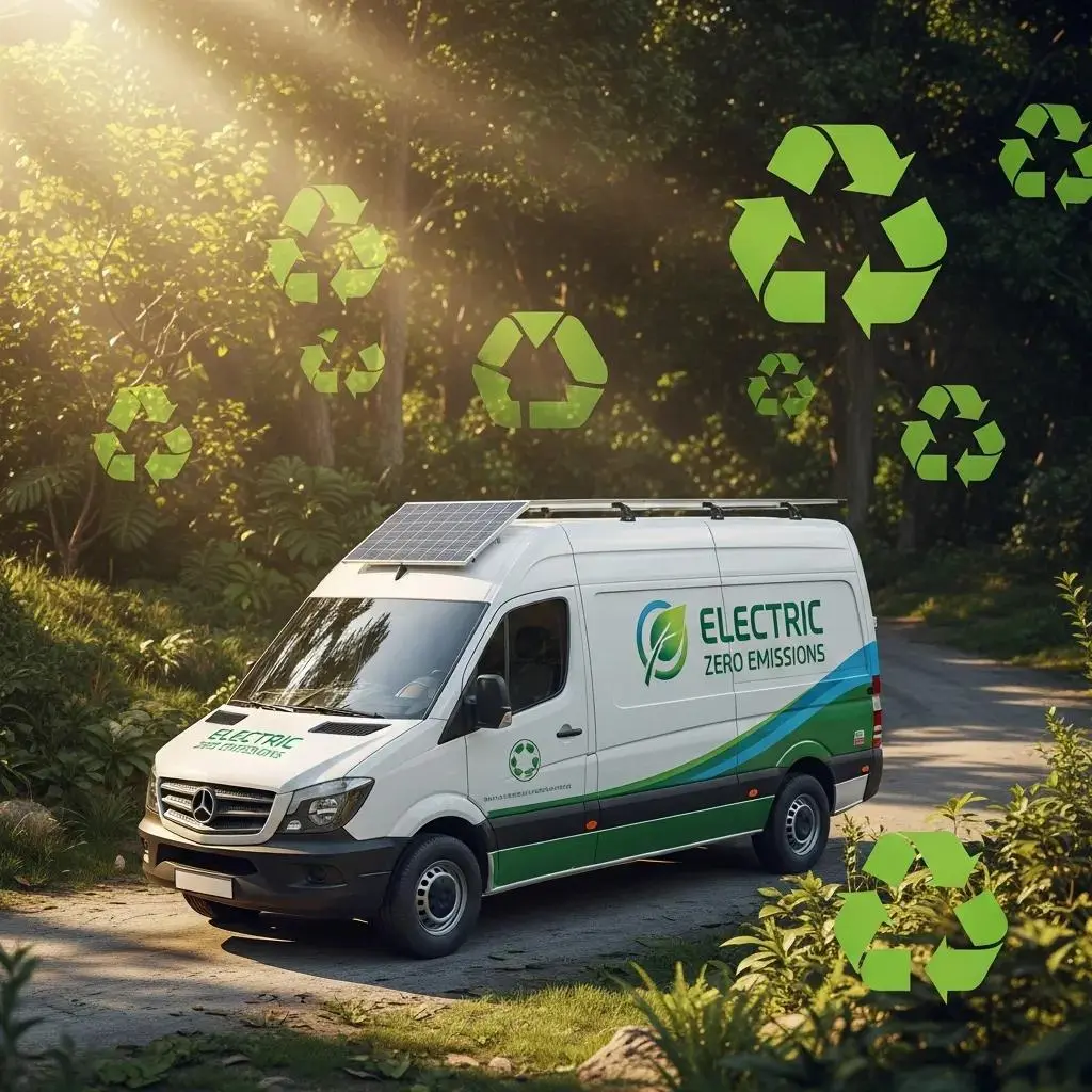 Eco-friendly commercial van surrounded by nature, emphasizing sustainable disposal options