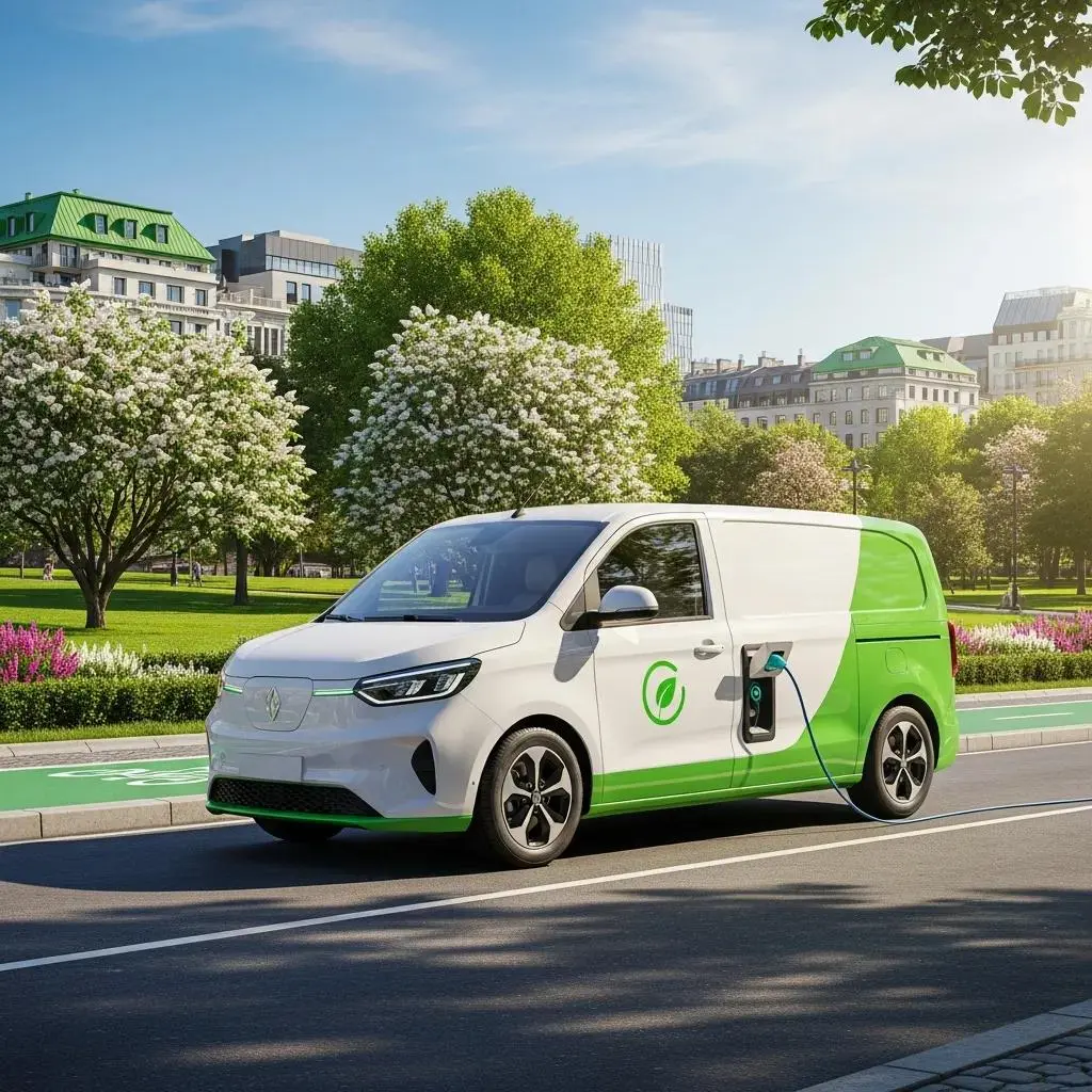 Electric commercial van in urban setting highlighting sustainability and modern design