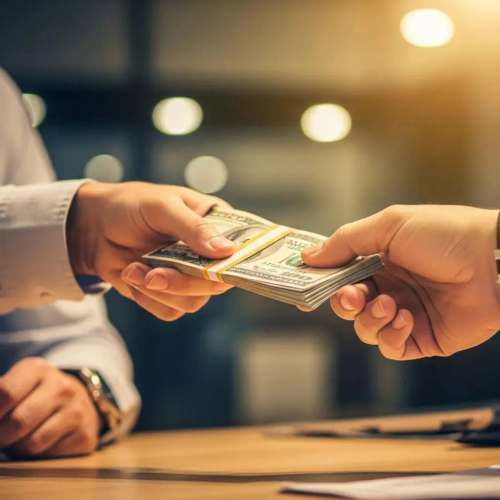 Hands exchanging cash, illustrating the financial advantages of instant cash offers for selling commercial vans
