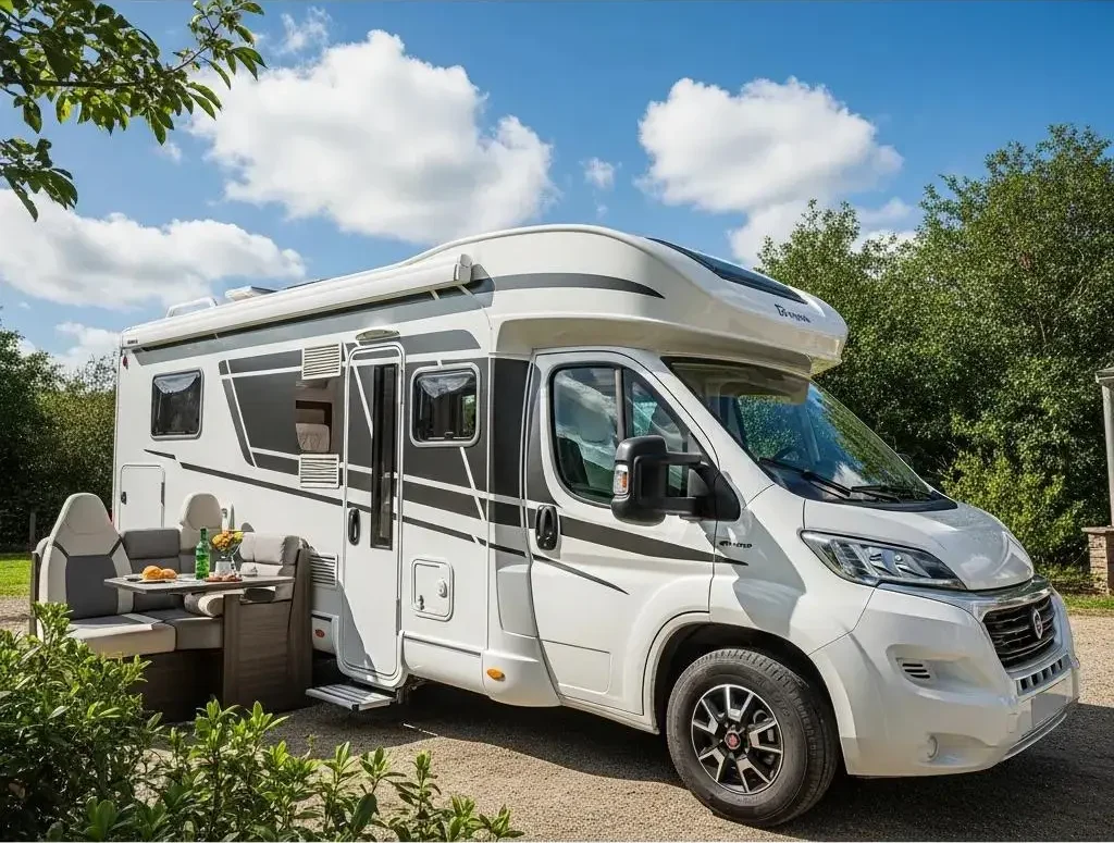 Modern motorhome in a scenic outdoor setting, representing current market trends in motorhome sales