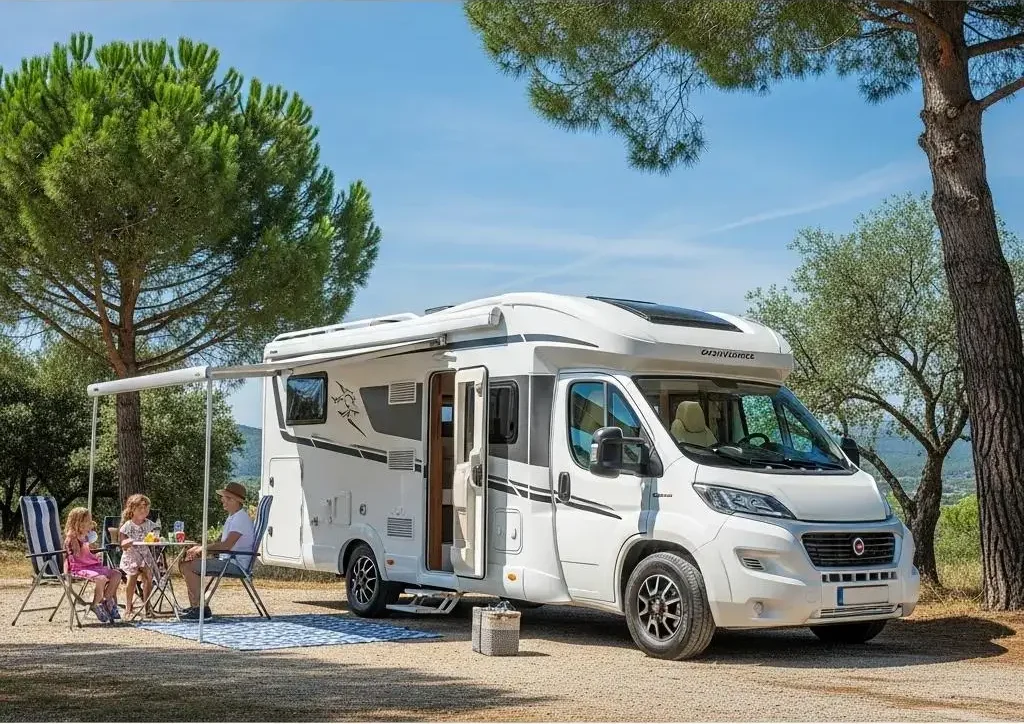 Motorhome parked in a scenic outdoor setting, showcasing its features and inviting atmosphere