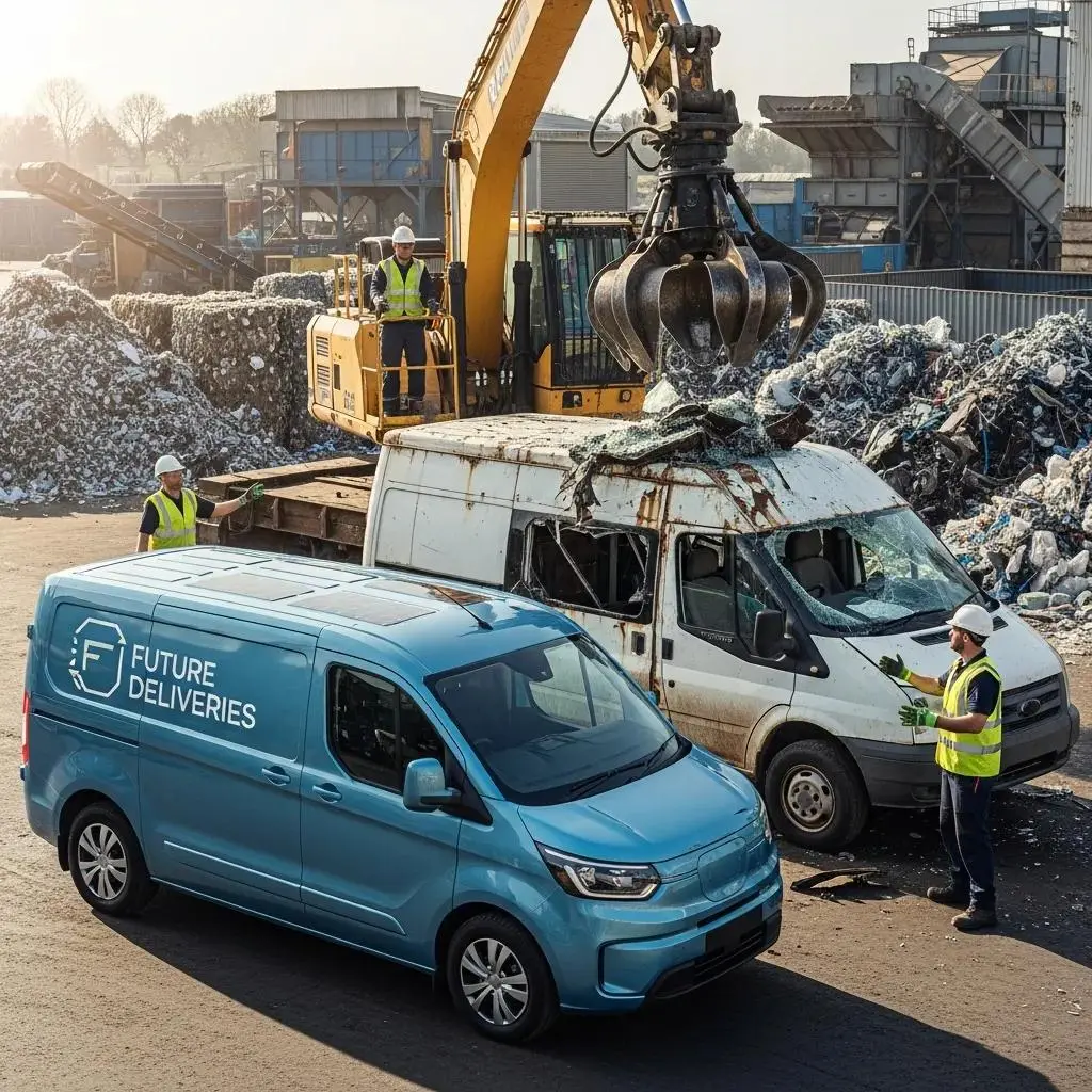 Old van being scrapped with a new electric van in the foreground at a recycling facility