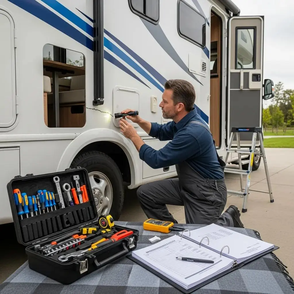 Person inspecting a motorhome's condition, highlighting the importance of thorough evaluation
