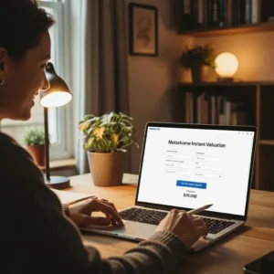 Person using a laptop for instant motorhome valuation, highlighting the simplicity of the selling process