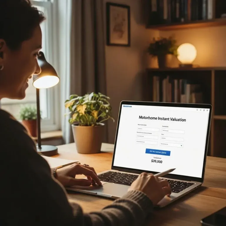 Person using a laptop for instant motorhome valuation, highlighting the simplicity of the selling process