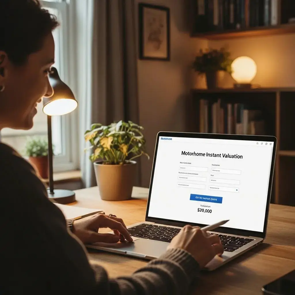 Person using a laptop for instant motorhome valuation, highlighting the simplicity of the selling process