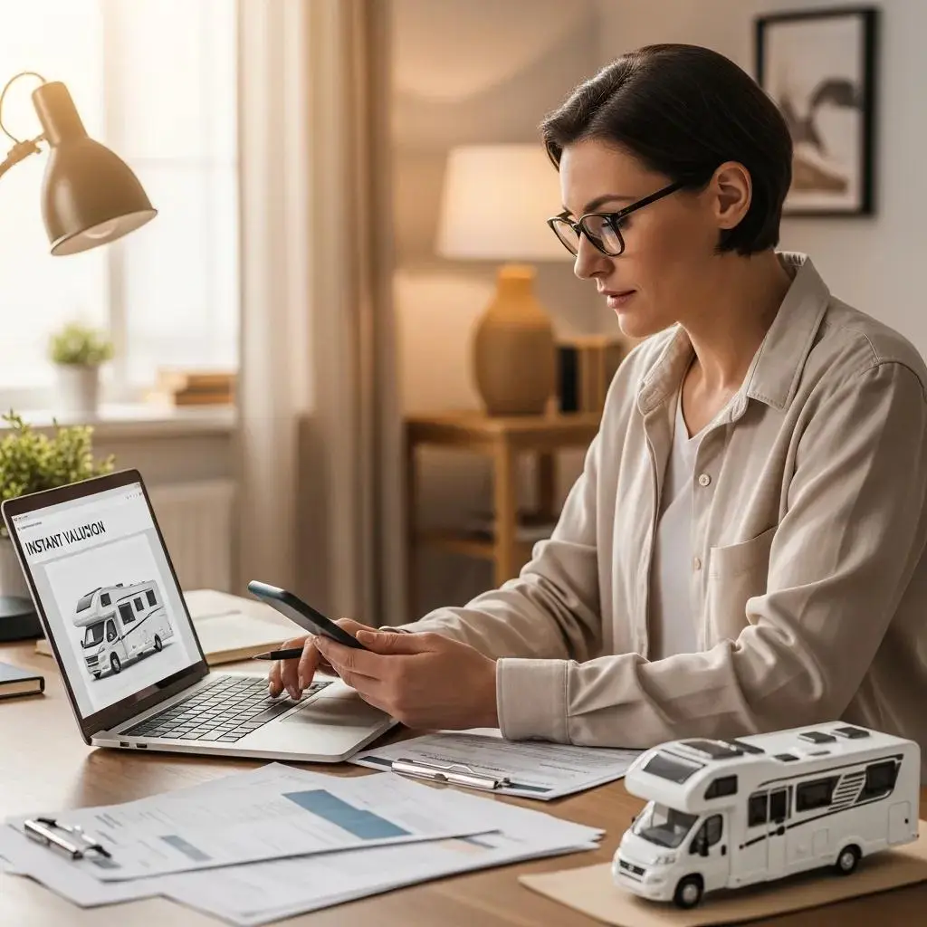 Person using a laptop to obtain an instant motorhome valuation in a cozy home office
