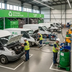 Recycling facility processing old commercial vans, emphasizing environmentally responsible disposal methods