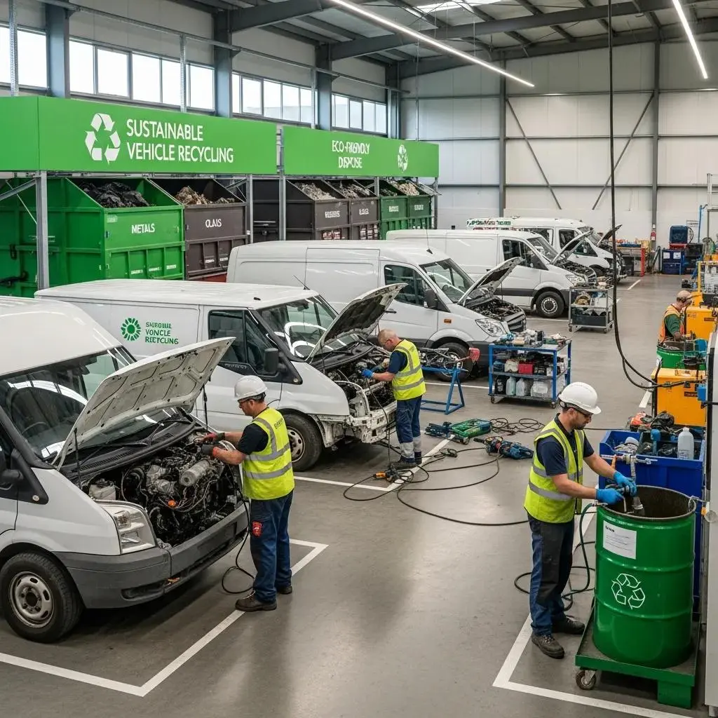 Recycling facility processing old commercial vans, emphasizing environmentally responsible disposal methods