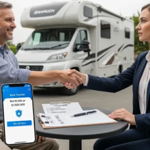 Seller and buyer shaking hands with a motorhome in the background, emphasizing secure transaction practices