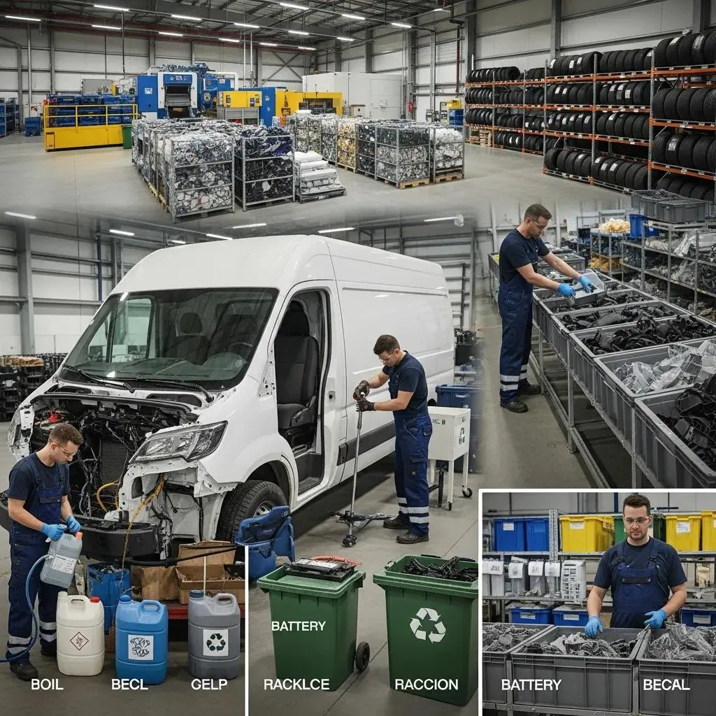 Workers at a recycling facility dismantling a commercial van for eco-friendly recycling