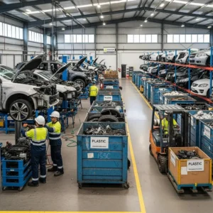 Workers at an Authorized Treatment Facility dismantling vehicles, representing sustainable disposal options