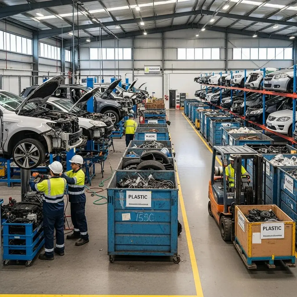 Workers at an Authorized Treatment Facility dismantling vehicles, representing sustainable disposal options