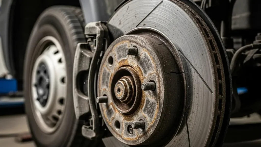 Close-up of worn brake pads and discs indicating potential MOT failure