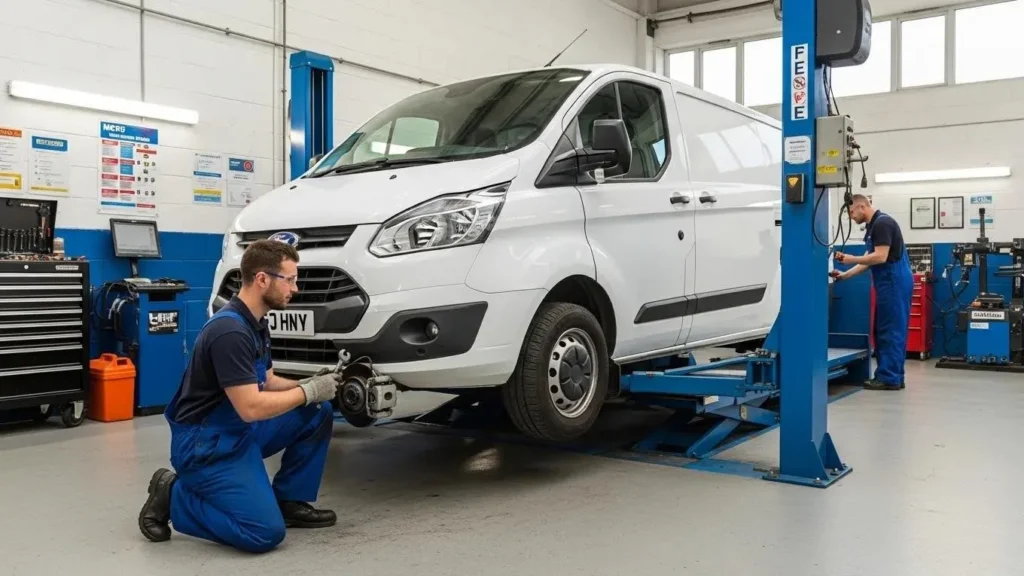 Commercial van being inspected for MOT compliance in a garage